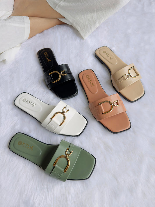 Kylie Collection ladies green, white, peach, black, and beige flat sandals with golden buckle straps in Sri Lanka
